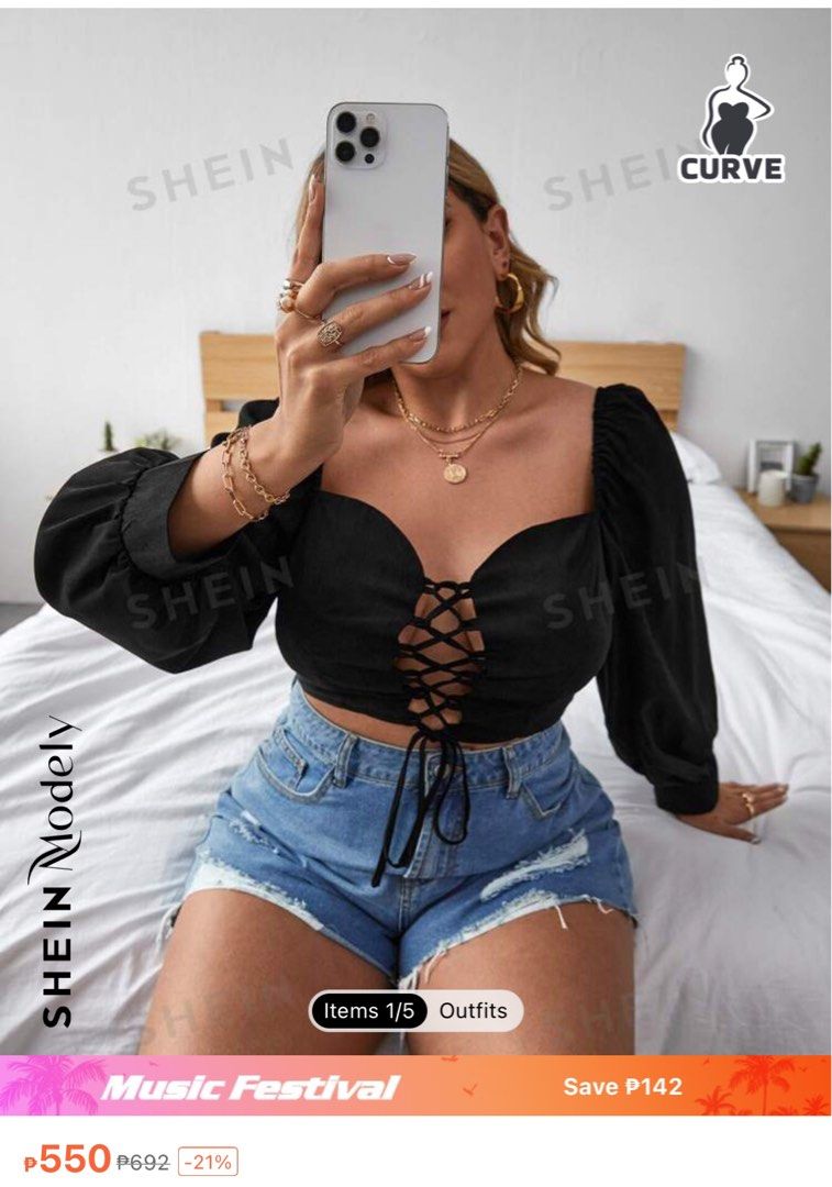 SHEIN PLUS SIZE Lace up front Crop Top Women s Fashion Tops Others Tops on Carousell