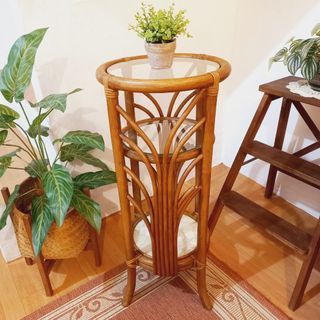 Vintage 3 tier round rattan glass capiz rack shelf pedestal vase stand accent piece