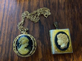 VINTAGE Coro Velvet Choker Goth Cameo Locket Necklace set of 2 - Used / preloved Pendant Brooch