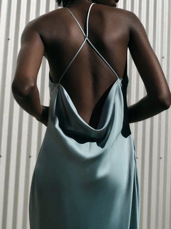 Zara Blue Satin slip dress cowl back, Women's Fashion, Dresses & Sets,  Evening Dresses & Gowns on Carousell