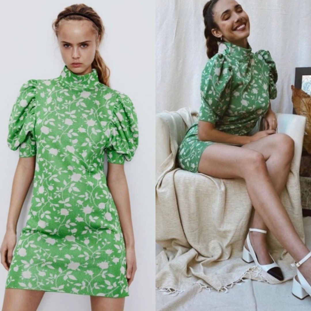 Zara Knitted Jacquard Green Puff Sleeves Mini Dress, Women's Fashion,  Dresses & Sets, Dresses on Carousell