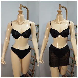 3in1 Swimwear Medium Black Two Piece Swimsuit Push up Pads Bikini & Beach Skirt Cover up 3pc