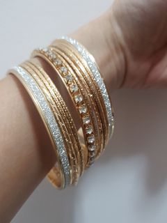 FROM ABROAD: Set of 11 Bangles / Bracelets (mix of Gold, Silver and Diamond -like Studs) - A330 Bangle Bracelet