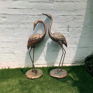 Set of 2 Resin Bronze Egret Heron Bird 2.5ft Tall Garden Statues - Home Decor, Collection, Gift Ideas