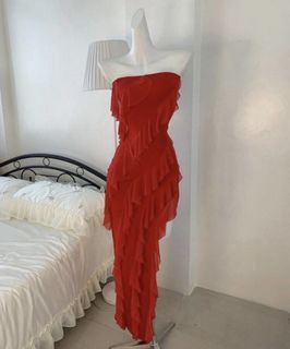 Sexy Red Ruffle Hem Tassle High Split/ One Side Slit Tube Bodycon Dress