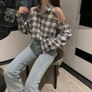 Sexy Striped shoulder Blouse Women Long-sleeved Loose Casual Top