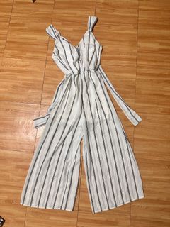 White Stripes Jumpsuit jumper Overalls pants sexy office corporate casual wide leg sleeveless classic classy office korean corporate pants
