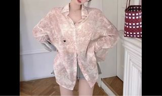 Women Pink oversized shirt korean style plus size Long sleeves Loose Causal Floral Tops Blouses