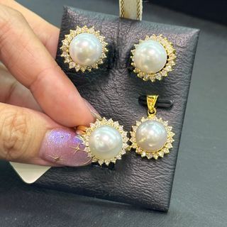 14K Yellow Gold Setting South Sea Pearl Natural Diamonds Earrings, Ring, Pendant Set