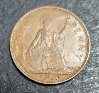 1966 British 1 penny Queen Elizabeth Ii old coin aUnc