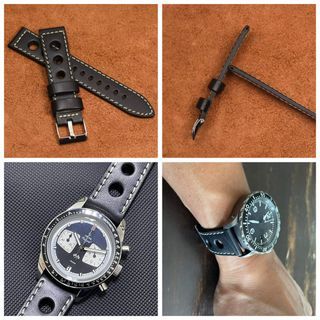 Black Vintage Rally Genuine Leather Watch Strap 22mm