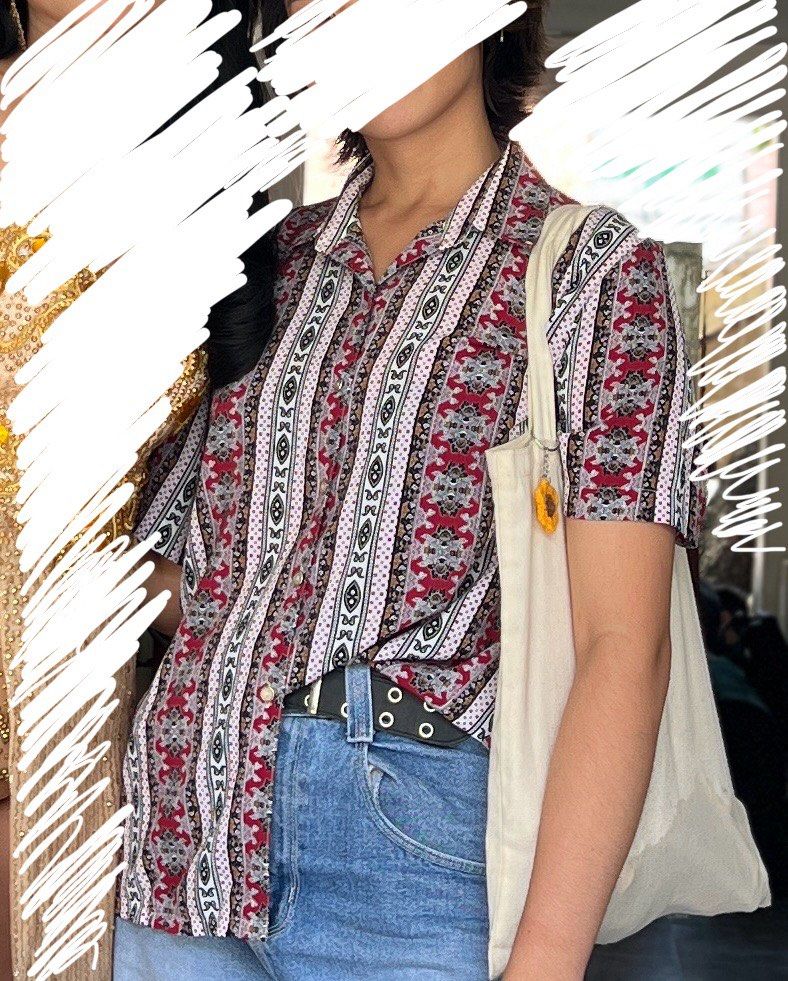 boho patterned polo blouse (Category: Others Tops) located in Las Pinas. Submitted by ctrldianne (Listing ID 1300413325, Image 2). Description: my go to blouse pag may date with the ex 😭 l size. has shoulder pads! .