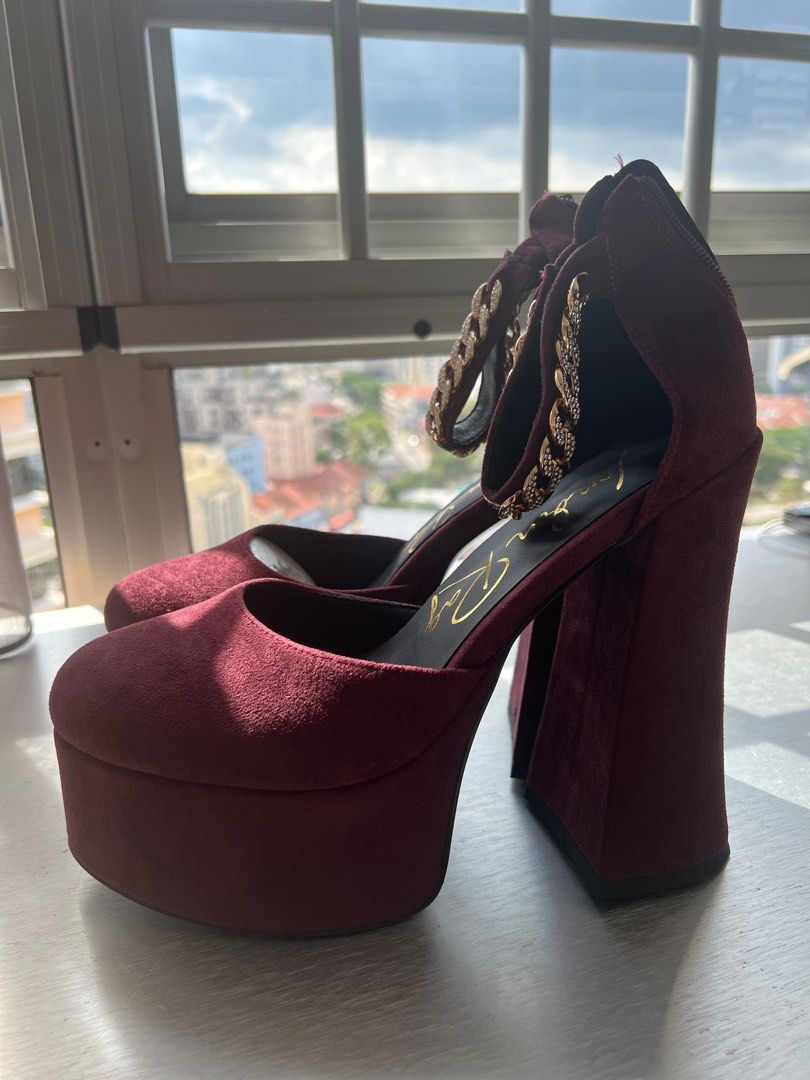 Burgundy London Rag Platform Heels Women s Fashion Footwear Heels on Carousell