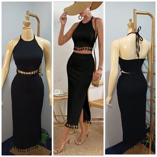 Coords Black Tassel Trim Crop Halter Top  & Split Thigh Skirt Backless Summer Beach Casual Ootd Medium  Boho