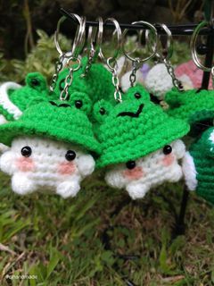 Crochet mushrooms and bee keychain