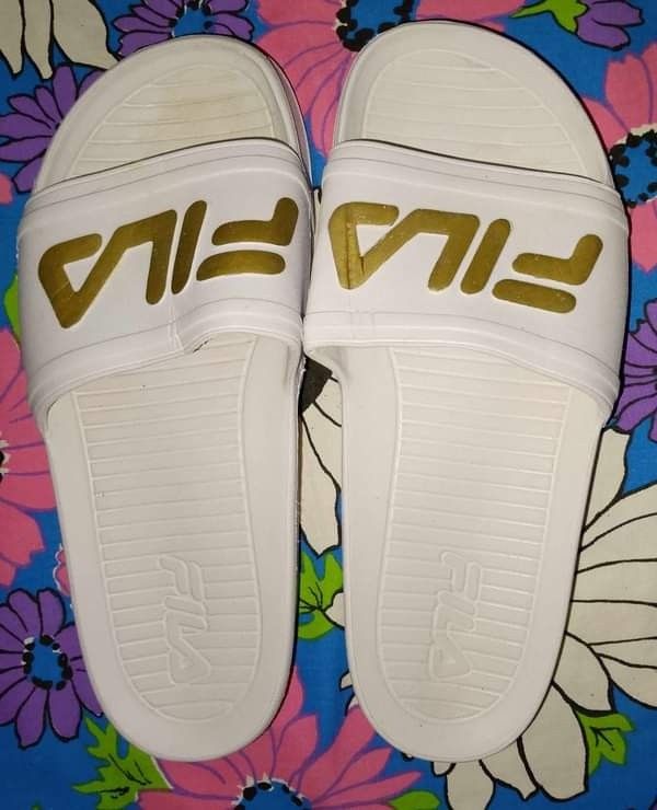 White and gold fila slides cheap