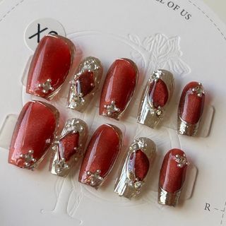Girl Plus Red Press On Nails Fake Nails Medium Coffin Size
