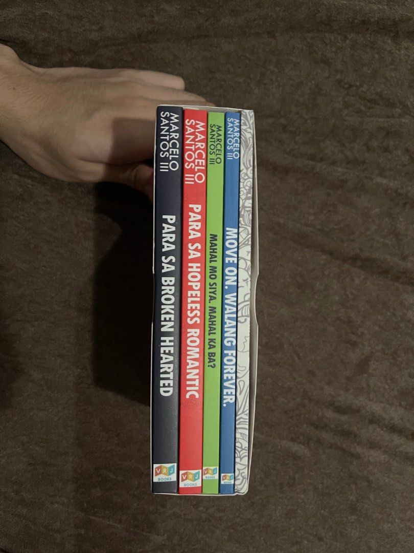 Hugot Books; Marcelo Santos III Set (Category: Storybooks) located in Quezon City. Submitted by hectorious_123 (Listing ID 1300358372, Image 2). Description: ⚡️FS⚡️ Orig price is around 750 (?) Gifted but im not into this kind of books 2 books are hugot books 2 books are romance novels 1 book is a hugot journal (Fun read but not into it) ⚡️Negotiable ⚡️ RFS: Declutter and funds Nova QC.