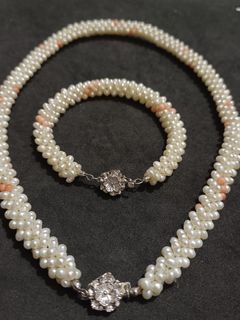Japanese Seed Pearl and Coral Necklace and Bracelet