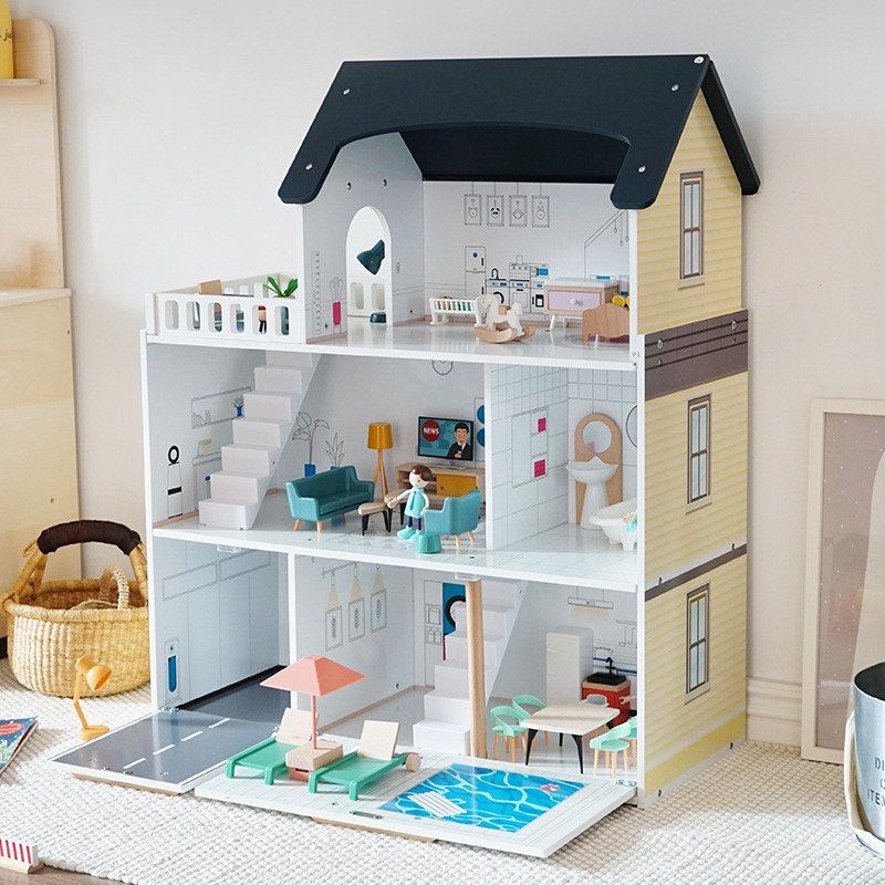 kienvy Luxury Villa Girls Role Pretend Play Dollhouse Children Wooden Dreamhouse Toy with Furniture Accessories Girl Birthday Gift