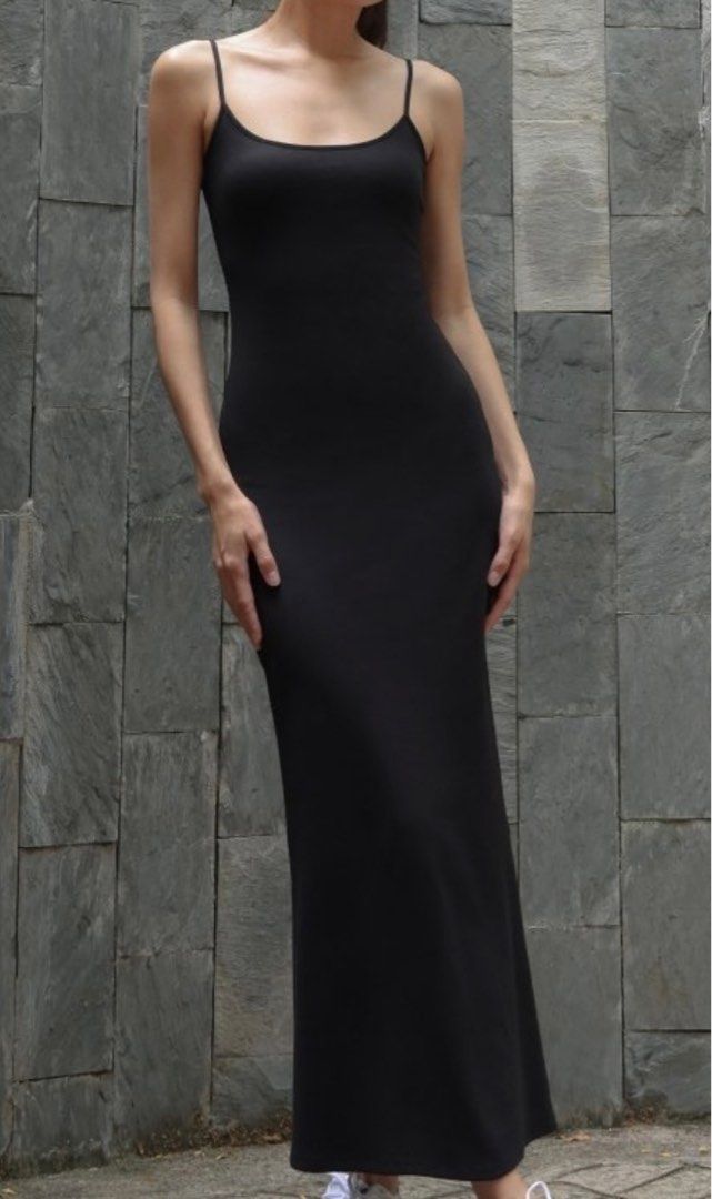 LOVET] Second Skin Ribbed Cami Maxi Dress (Black), Women's Fashion