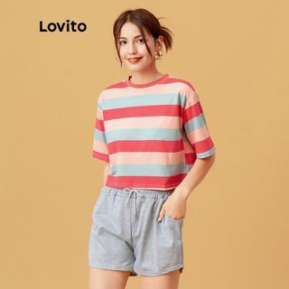LOVITO - Casual Striped Round Neck Crop Half Sleeved Basic T-Shirt (size L)