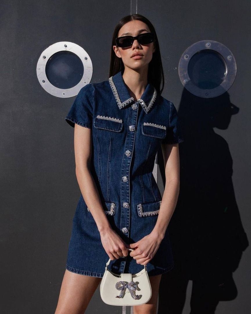 Self Portrait Denim Collared Mini Dress, Women's Fashion