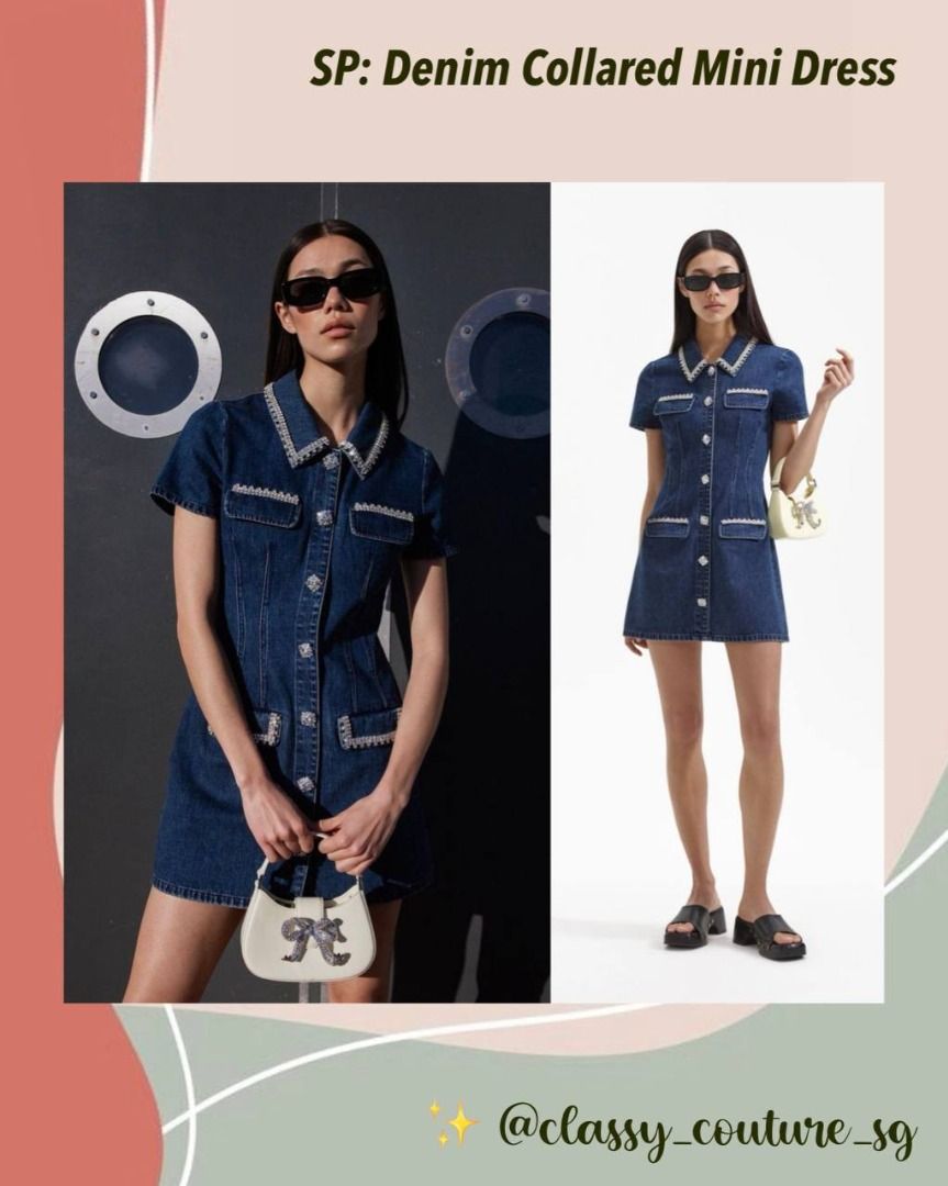 Self Portrait Denim Collared Mini Dress, Women's Fashion