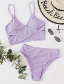 Shein Purple Lavender Bikini Two Piece Cross Front Rib High Waisted Swimsuit