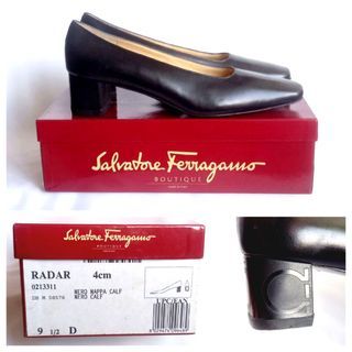 Vintage SALVATORE FERRAGAMO Radar women's shoes, black calf leather, made in Italy, size 9 ½ D, 4 cm heels, in original box, never used