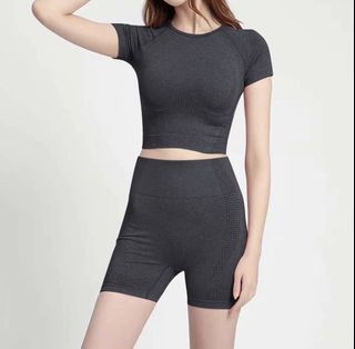 Yoga Cropped Top and Shorts Set in Black