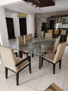 8 seater glass dining table with 6 side chairs and 2 host chairs