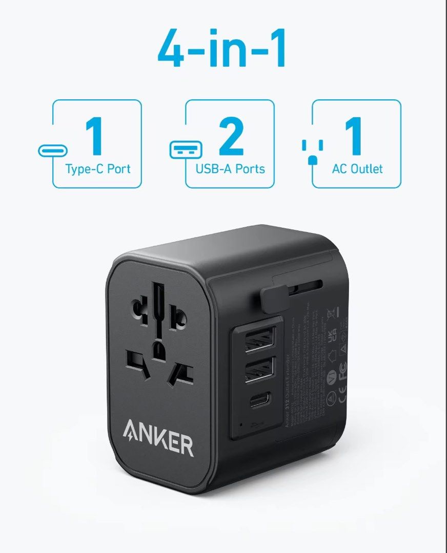 Anker 312 Outlet Extender Travel Adapter 30W, USB-C Multi Plug Adapter ...