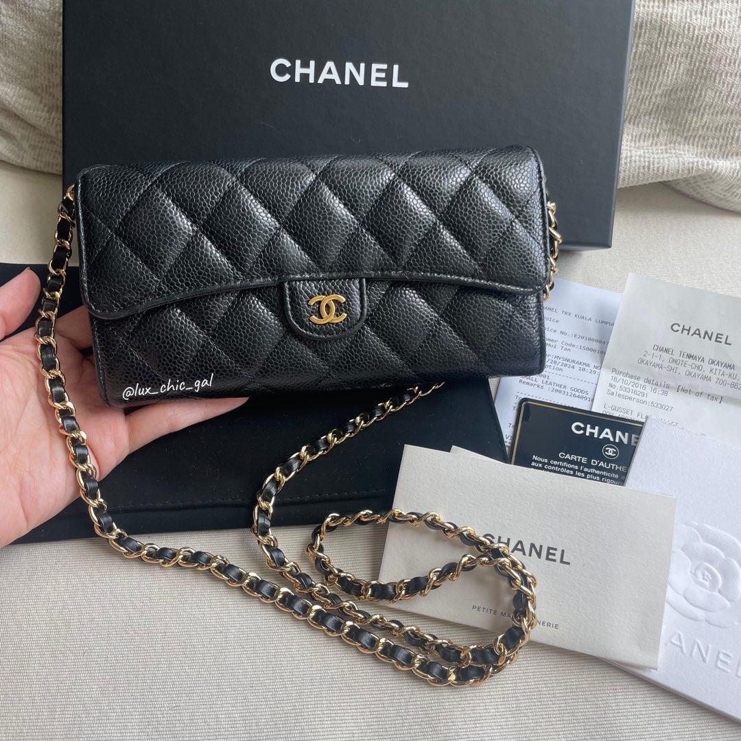 AUTHENTIC CHANEL Caviar Classic Long Flap Wallet Gold Hardware Luxury Bags Wallets on Carousell