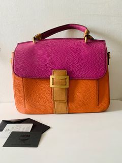 Authentic MCM Orange/Pink Croc Embossed and Leather Buckle Flap Top Handle Bag