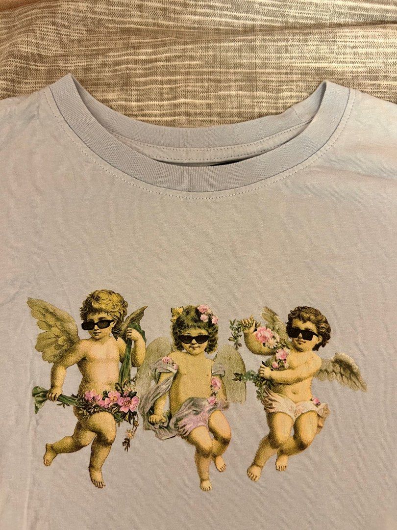 Bershka Angel Print Blue Crop T shirt Carousell
