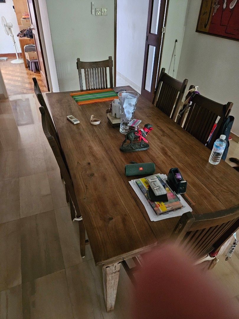 Dining Table Set (Category: Tables & Sets) located in Singapore. Submitted by rgspore (Listing ID 1300461022, Image 1). Description: Indonesian teak table with 6 teak chairs. Used, but in great shape. I bought from Dempsey years ago..