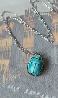 Egyptian Revival Turquoise Glazed Faience Inscribed Scarab beetle sterling silver pendant