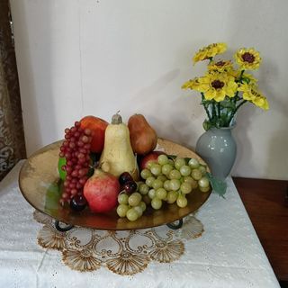 Glass Fruit Bowl w/ Stand & Artificial Plastic Decor Fruits