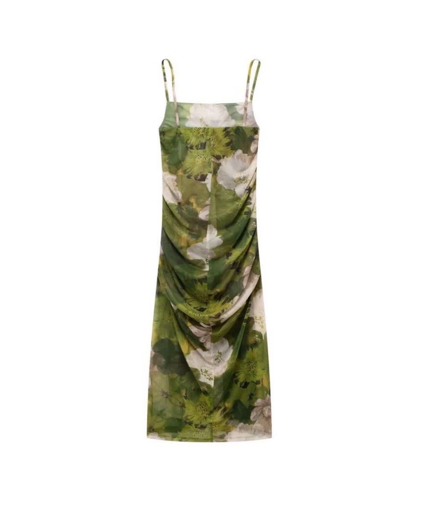 zara green floral slip dress Flora Satin Maxi Dress