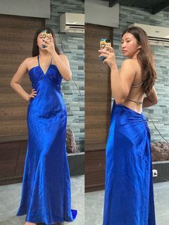 Morgan & Co. royal blue satin backless dress