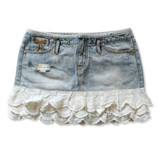 most coquette layered denim micro mini skirt w white lace embroidered ribbon  y2k