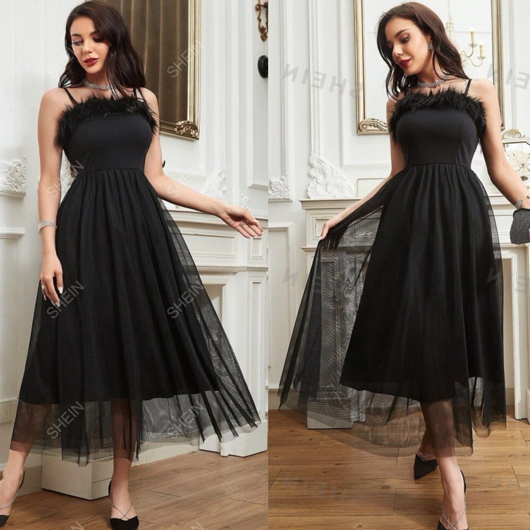 SHEIN black Modely Fuzzy Trim Mesh Overlay Cami Dress elegant classy semi formal fur party cocktail tulle evening dress, Women's Fashion, Dresses & Sets, Evening dresses & gowns on Carousell SHEIN black Modely Fuzzy Trim Mesh Overlay Cami Dress elegant classy semi formal fur party cocktail tulle evening dress, Women's Fashion, Dresses & Sets, Evening dresses & gowns on Carousell
