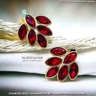 Stainless Steel "Leaf Ruby Stone" Stud Earrings
