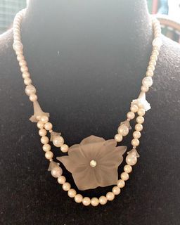 Vintage two layered faux pearl necklace with lucite flower.