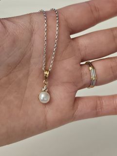 18k White Gold Chain + 14k Yellow Gold Pearl with diamond Pendant