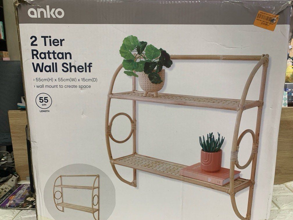 Anko 2 Tier Rattan Wall Shelf, Furniture & Home Living, Furniture