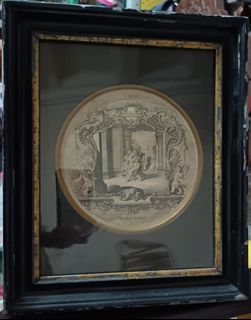 Antique Copper Engraved Art in Lacquered Wooden Frame, Sealed with Provenance Sticker