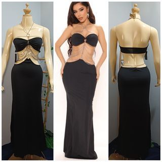 Black Dress XL Sexy Chain Strap Details Cut Out Backless Bodycon Long Dress Party Evening Rare Dress