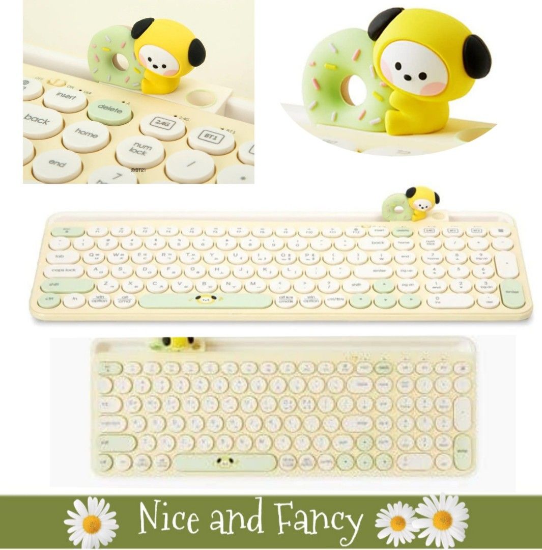 BT21 CHIMMY Minini Wireless Keyboard (Category: Computer Keyboard) located in Quezon City. Submitted by niceandfancy (Listing ID 1300773015, Image 1). Description: Size: 460*148*29mm Components : - 1 Wireless keyboard - 2 AAA Battery - 1 Manual - 1 Nano receiver - 1 Keyskin (Key cover) - 1 Figure holder Material: ABS How to use - Connect 2.4GHz 1) Open the cover, insert a AAA battery and turn on the power button. 2) Connect the receiver to the PC